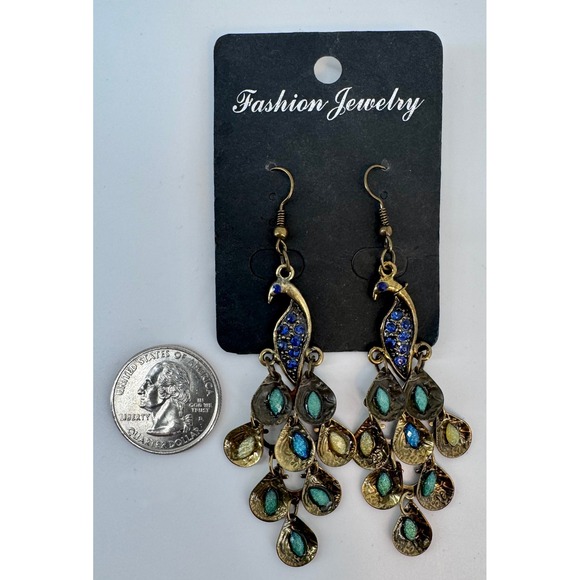 Bohemian Peacock Dangle Earrings Blue Green Gold Tone Statement Fashion Jewelry - Picture 4 of 5